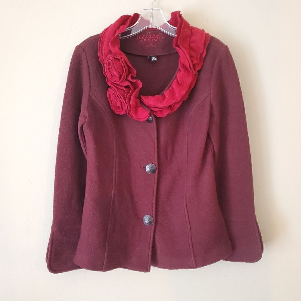 IICELANDIC DESIGN Women's 100% Wool Jacket Burgundy Size Medium Art to wear - Picture 7 of 8